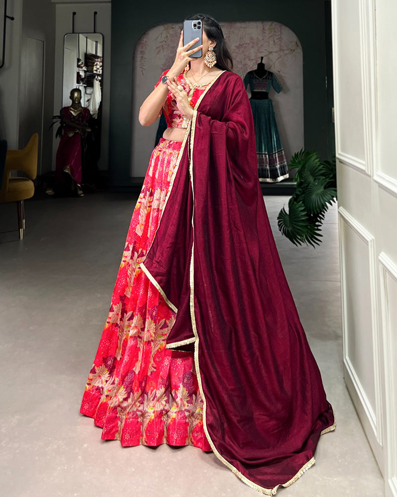 Printed Red Color Tussar Silk Lehenga Choli