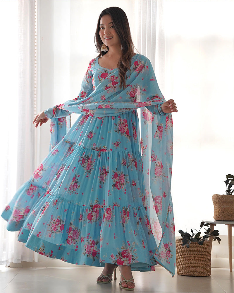 Floral Print Sky Blue Color Georgette Frill Anarkali Suit