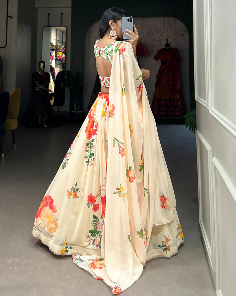 Designer Cream Color Floral Printed Lehenga Choli