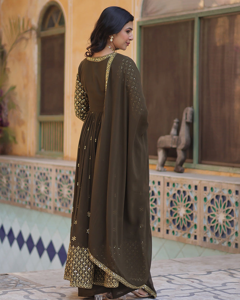 Mehndi Color Georgette Embroidered Sharara Suit