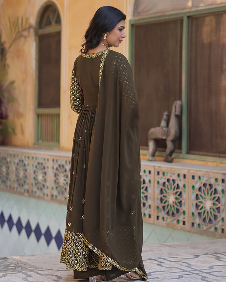 Mehndi Color Georgette Embroidered Sharara Suit