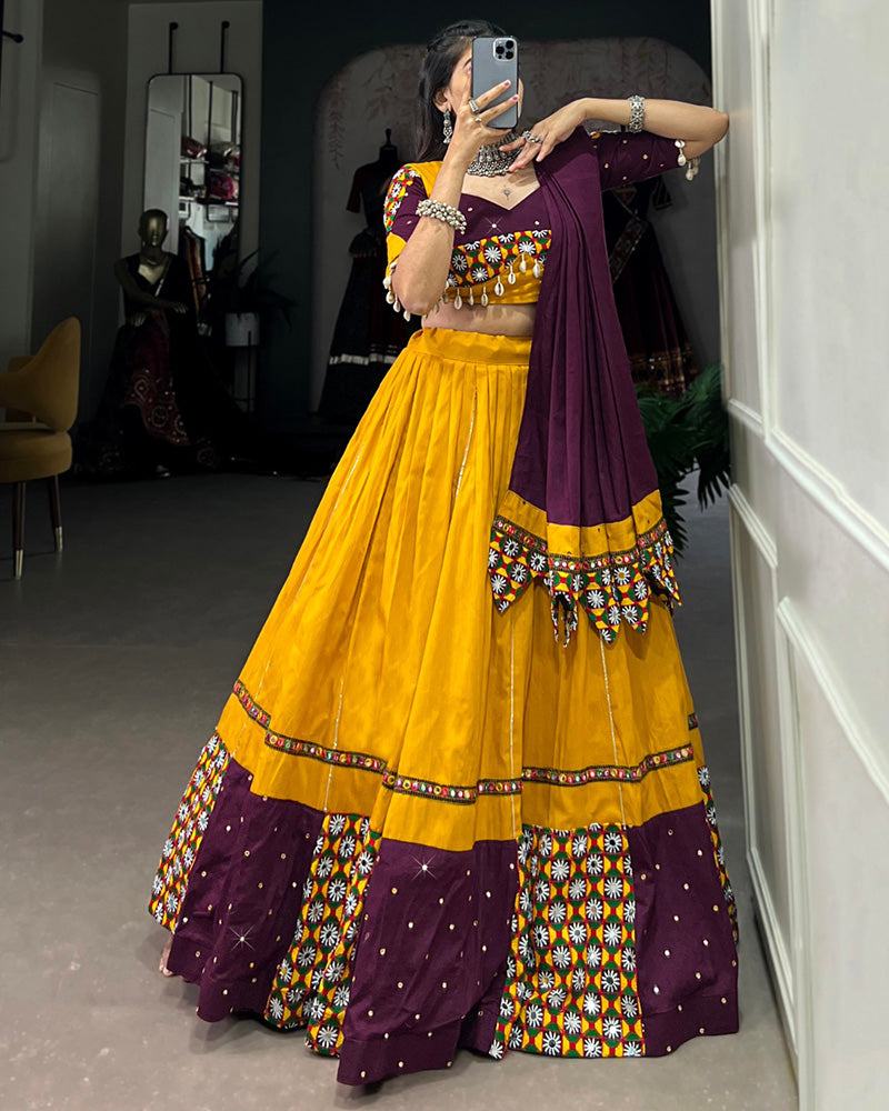 Mustard Color Cotton Gamthi Navratri Lehenga Choli