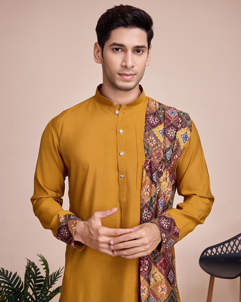 Yellow Color silk Men's Kurta With Dupatta