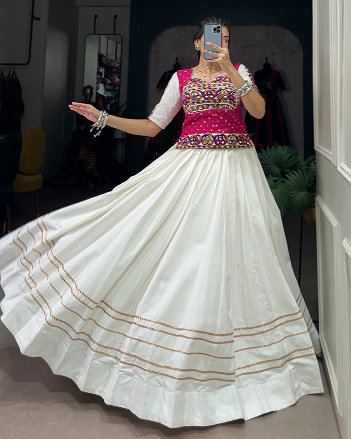 Navratri Wear White Color Cotton Lehenga Choli