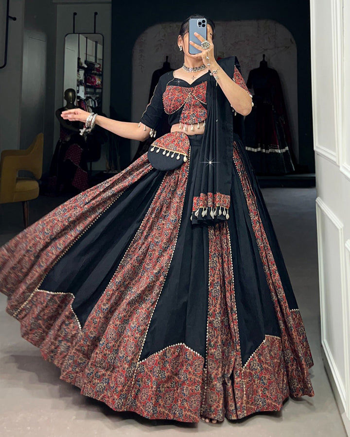 Maroon Color Cotton Printed Cowrie Touch Up Navratri Lehenga Choli