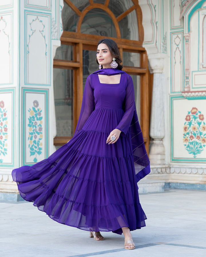 Purple Color Georgette Frill Anarkali Gown With Heavy Dupatta Work