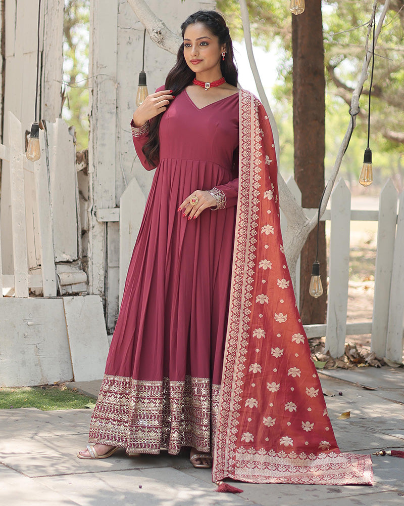 Dusty Pink Color Georgette Gown With Jacquard Dupatta