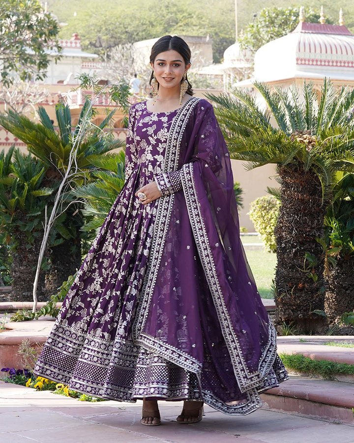 Beautiful Wine Color Viscose Jacquard Gown With Russian Silk Dupatta