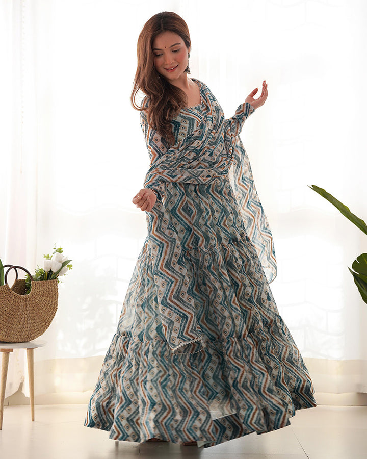 Zigzag Print Light Blue Color Georgette Ruffle Style Anarkali Suit