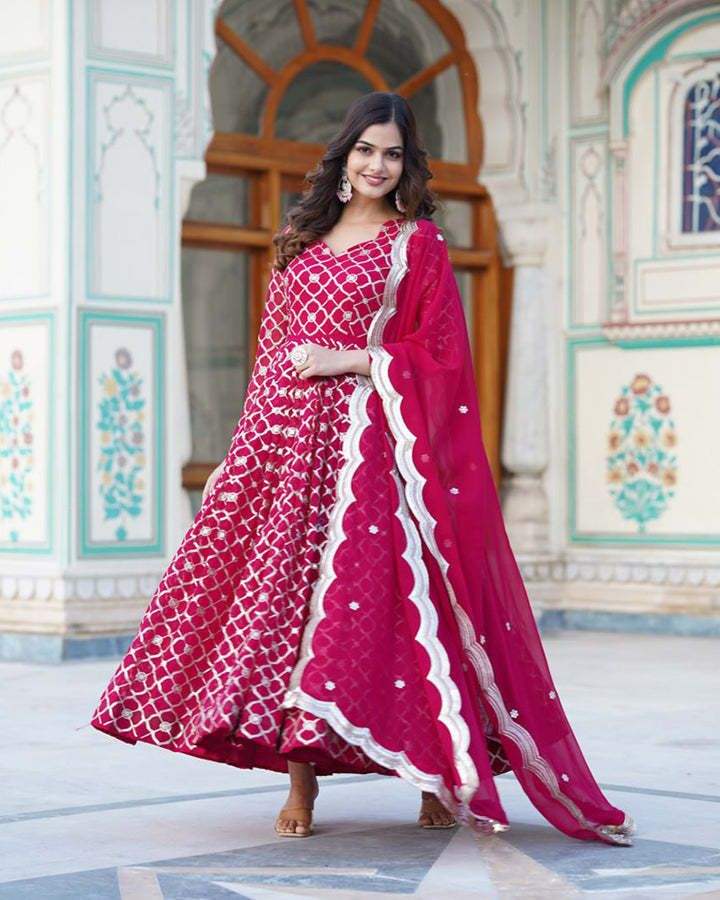 Beautiful Rani Pink Color Embroidery Anarkali Gown With Dupatta