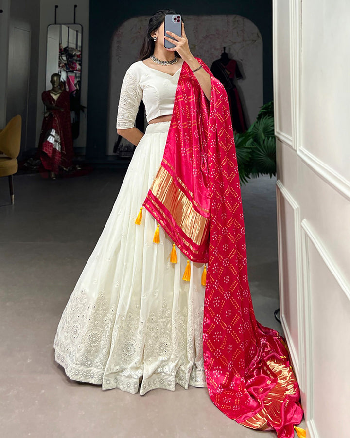 Designer Off-White Lucknowi Work Georgette Lehenga Choli