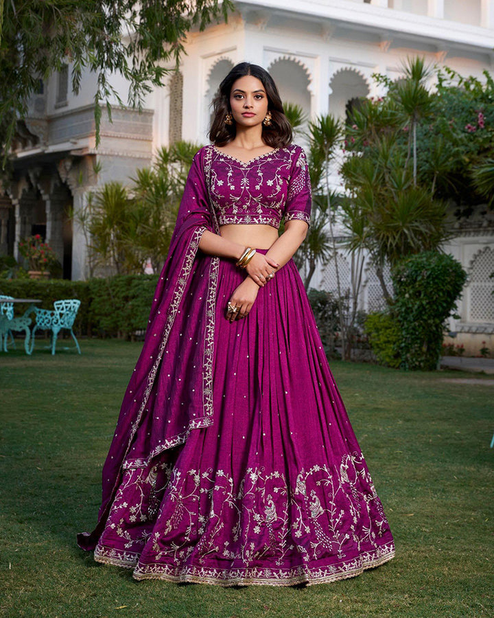 Designer Wine Color Vichitra Silk Embroidery Lehenga Choli