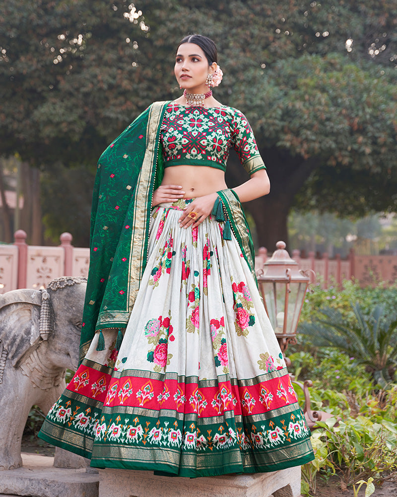 Green Color Tussar Silk Floral And Patola Print Lehenga Choli