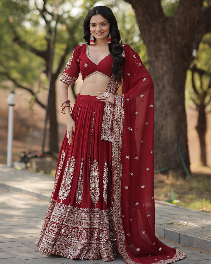 Designer Red Color Blooming Lehenga Choli With Beautiful Dupatta