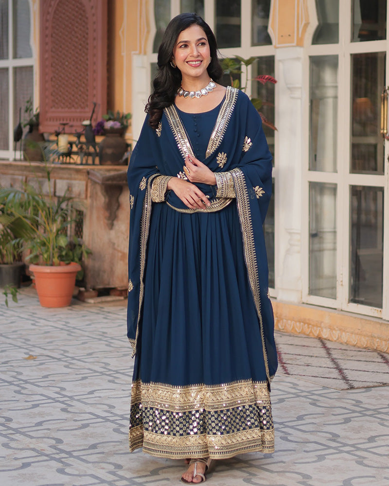 Designer Rama Color Gown With Sequence Embroidered Dupatta