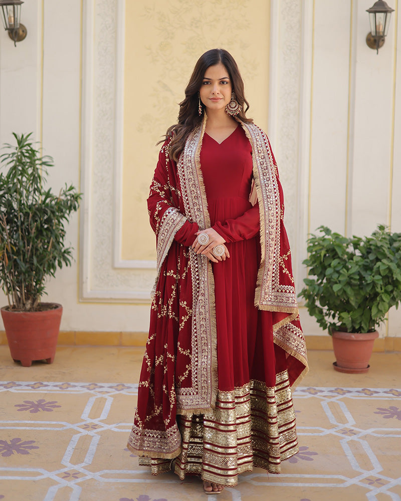 Beautiful Maroon Color Anarkali Gown With Sequence Embroidery Dupatta