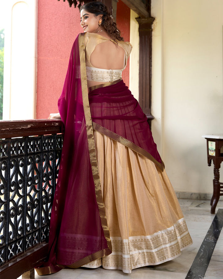 Designer Cream Color Kanchipuram Lehenga Choli