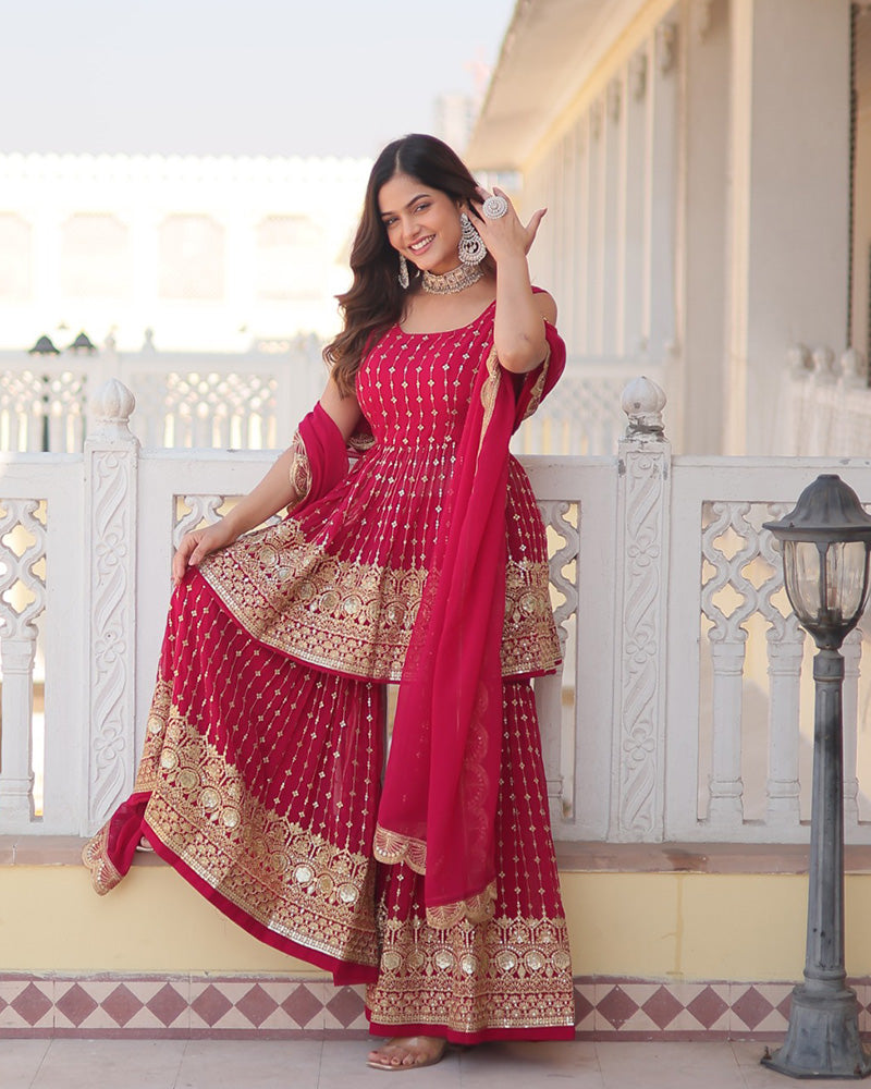 Embriodered Rani Pink Color Faux Georgette Three Piece Gharara Suit