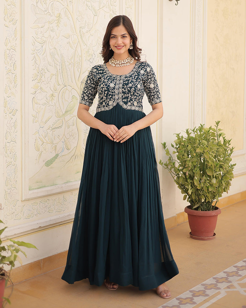 Beautiful Rama Color Embroidered Anarkali Gown