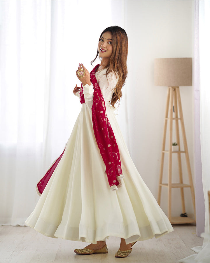 Rani Pink Dupatta With White Color Soft Silk Anarkali