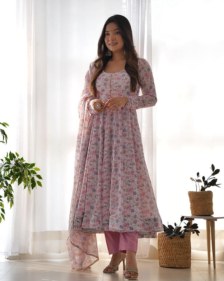 Baby Pink Color Floral Printed Chiffon Three Piece Anarkali Suit