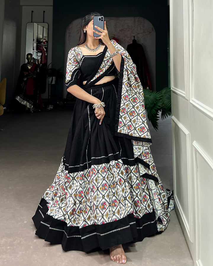 Designer Black And White Color Patola Printed Navratri Lehenga Choli