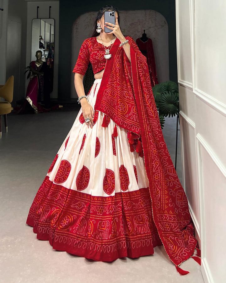 Bandhej Print Red Color Tussar Silk Lehenga Choli