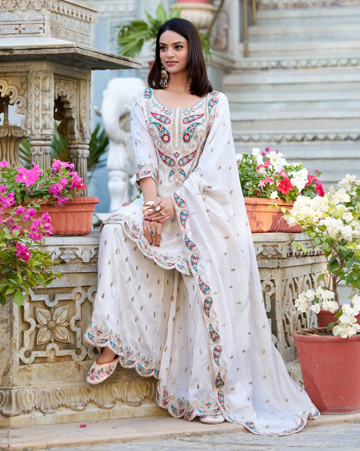 White Color Vichitra Silk Embroidered Salwar Suit