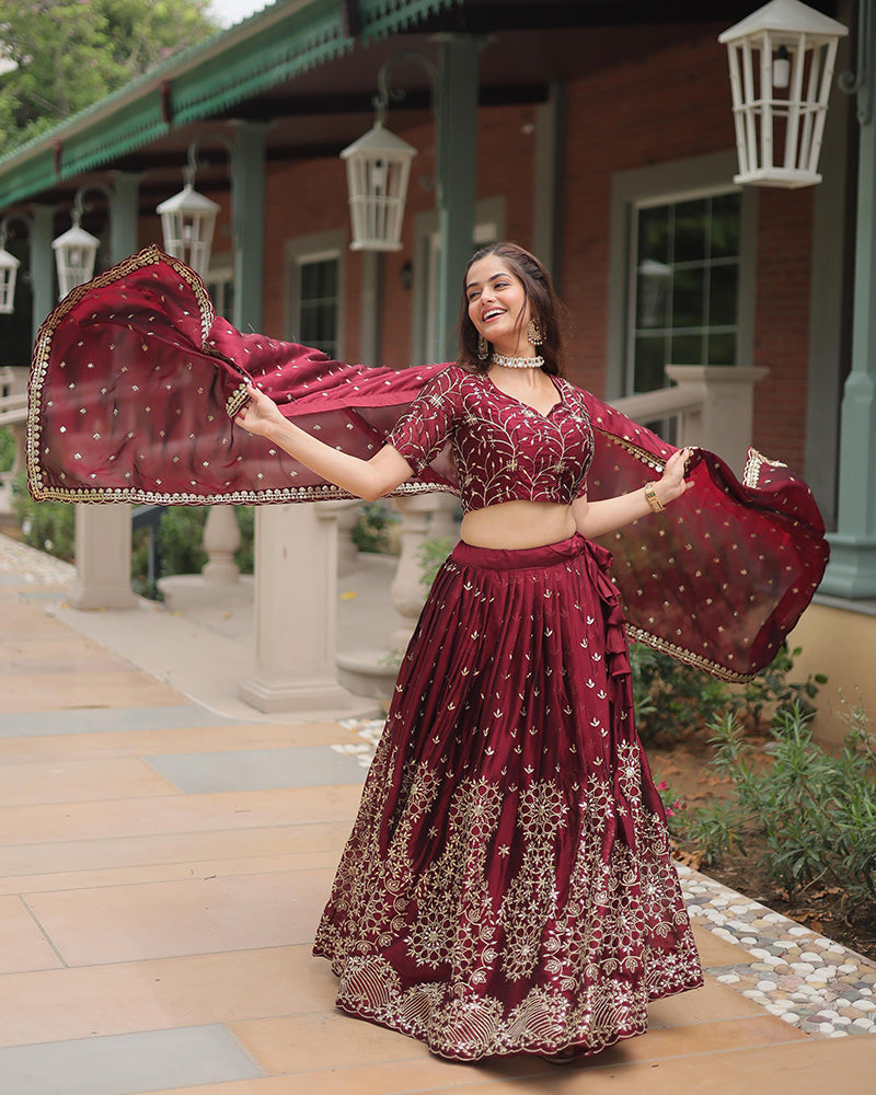 Maroon Color Rangoli Silk Sequence And Embroidered Lehenga Choli