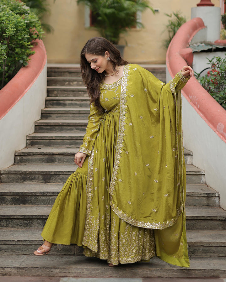 Parrot Color Chinon Embroidered Sharara Suit