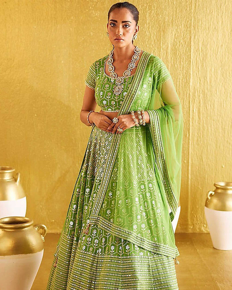 Parrot Green Color Banglori Silk Embroidery Lehenga Choli