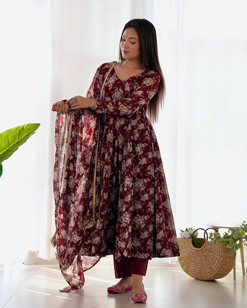 Dark Maroon Floral Printed Georgette Anarkali Suit