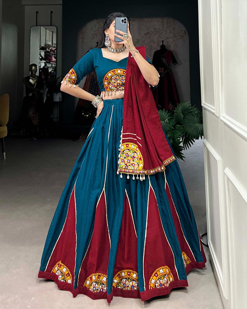 Teal green Color Cotton Gamthi Navratri Lehenga Choli