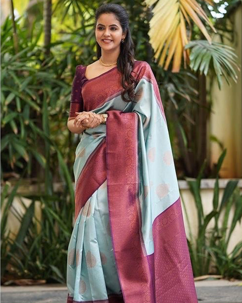 Designer Sky Blue Color Jacquard Banarasi Silk Saree