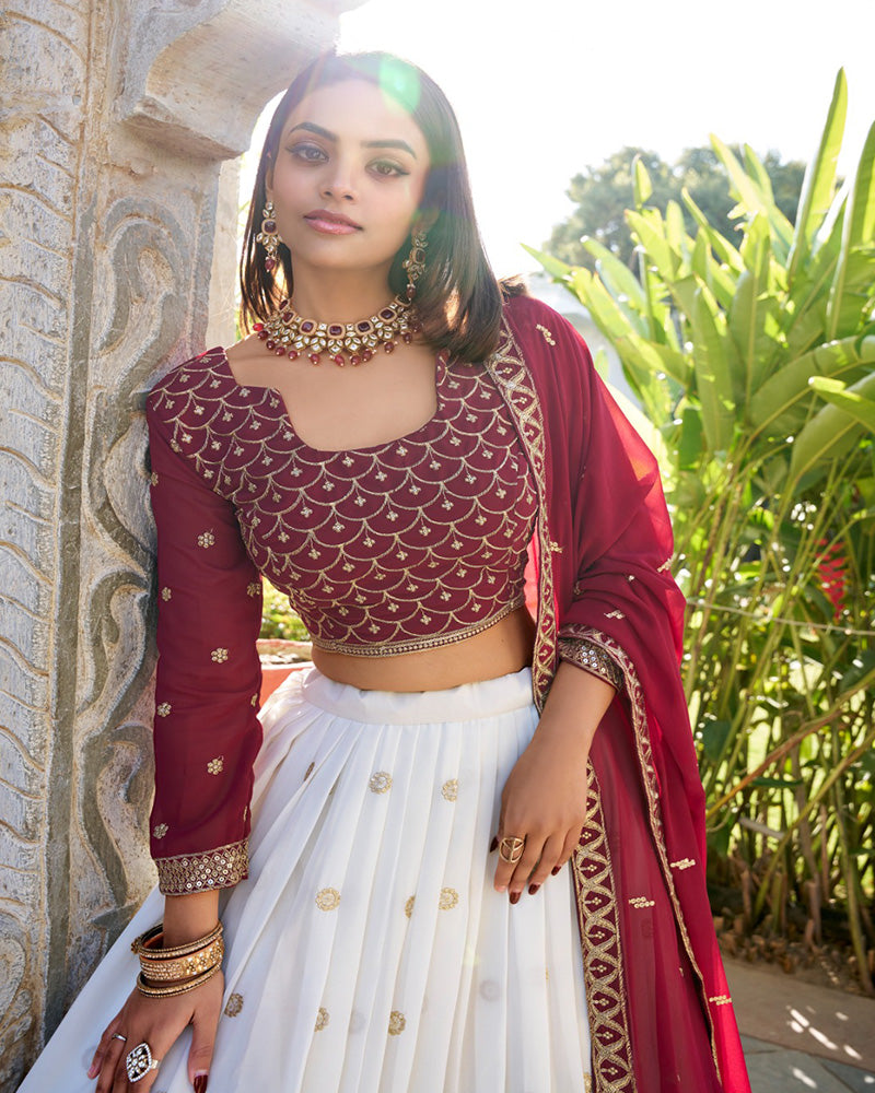 Wedding Wear White Color Georgette Embroidery Lehenga Choli