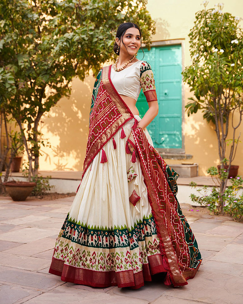 Amazing Green Color Patola Printed Tussar Silk Lehenga Choli