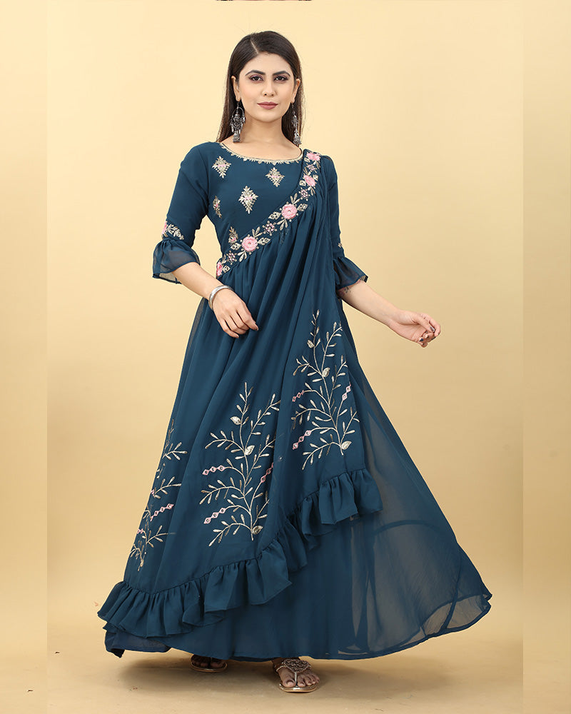 Rama Color Embroidered Georgette Anarkali Gown