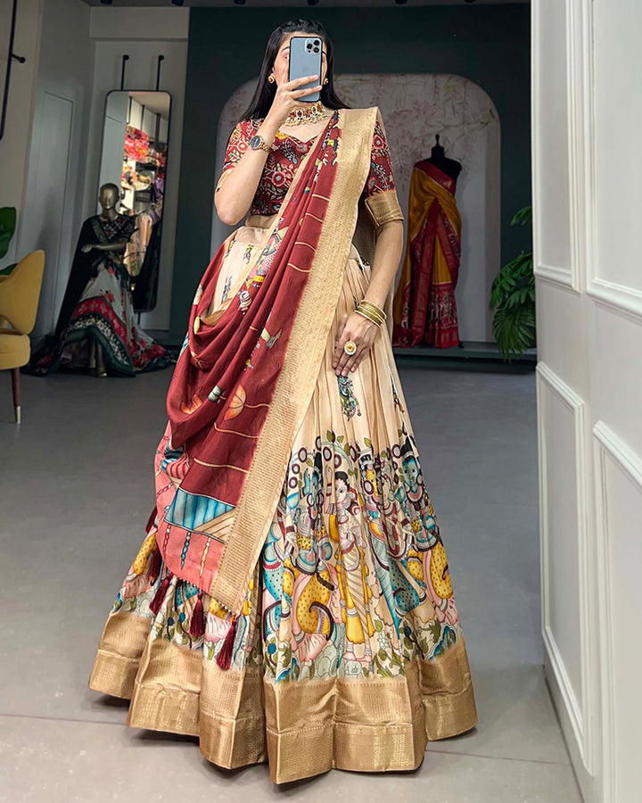 Exclusive Designer Cream Color Kalamkari Printed Dola Silk Lehenga Choli