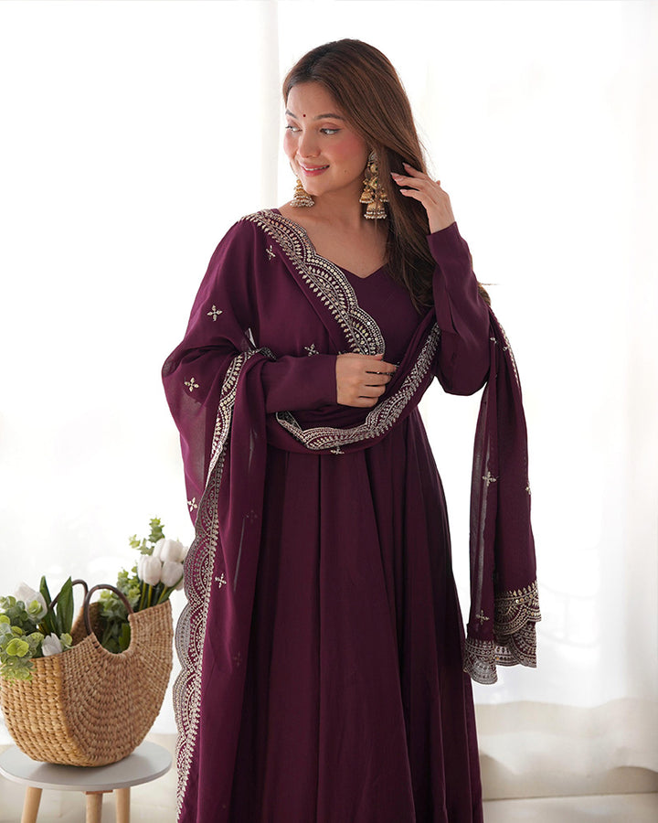 Wine Color Chanderi Silk Three Piece Anarkali Suit