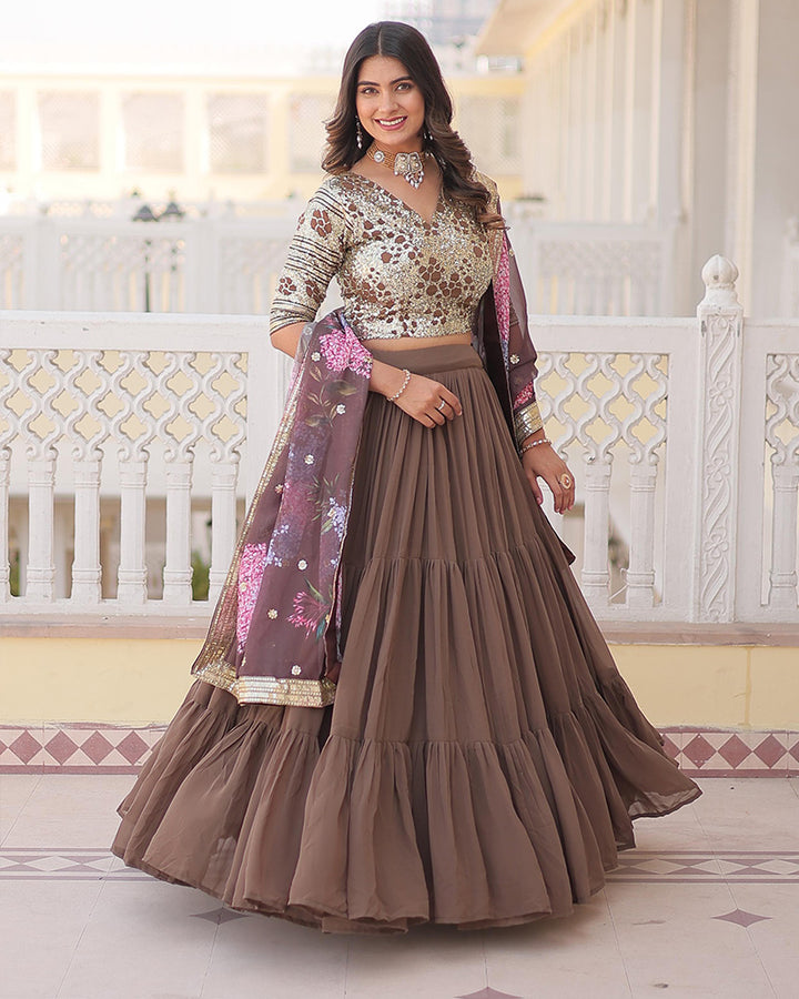 Designer Chocolate Color Faux Georgette Three Layer Lehenga Choli