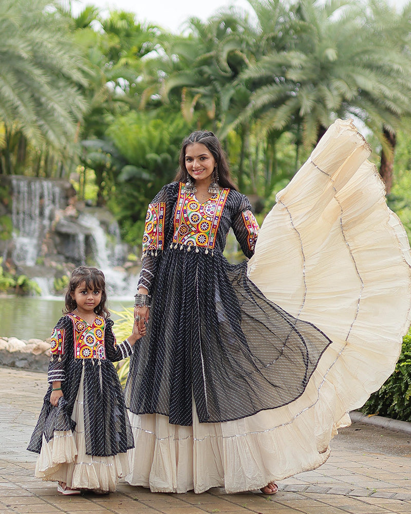 Black Color Kurti With Off-White Kora Cotton Lehenga