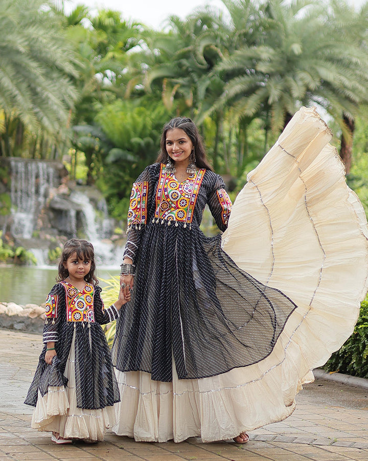 Black Color Kurti With Off-White Kora Cotton Lehenga