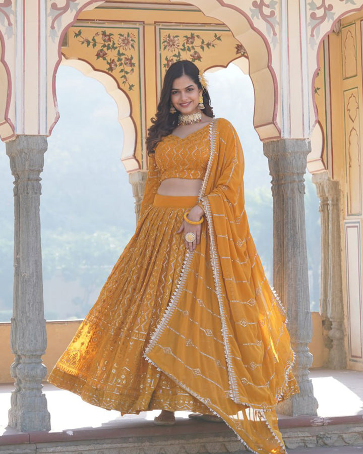 Latest Design Yellow Color Georgette Semi Stitched Lehenga Choli