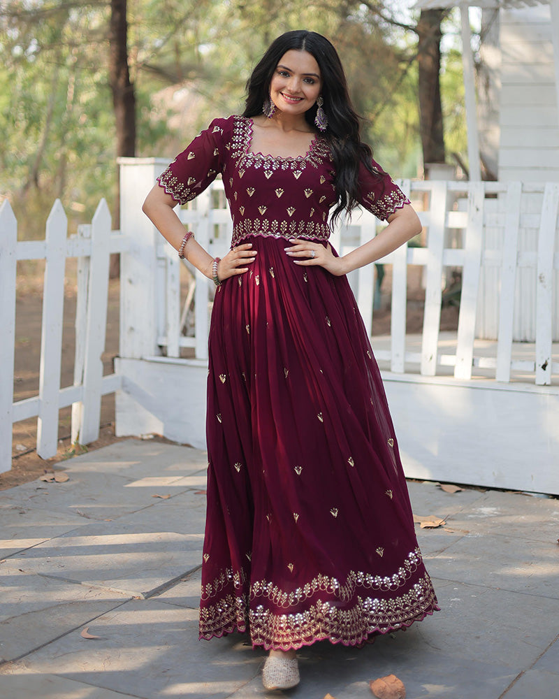 Reddish Maroon Color Designer Georgette Long Gown