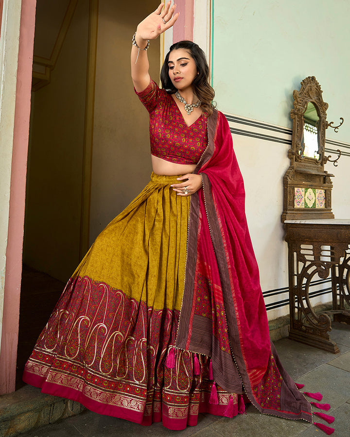 Mustard Yellow Color Tussar Silk Designer Lehenga Choli