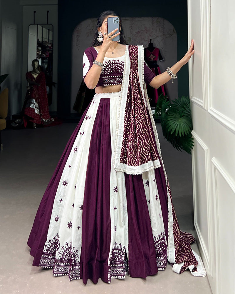 Wine Color Cotton Gamthi Work Navratri Lehenga Choli