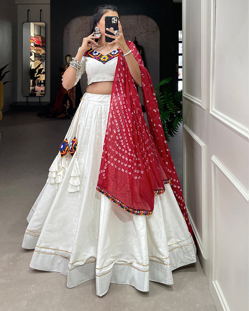 Designer White Color Cotton Fully Stitched Lehenga Choli With Bandhej Dupatta