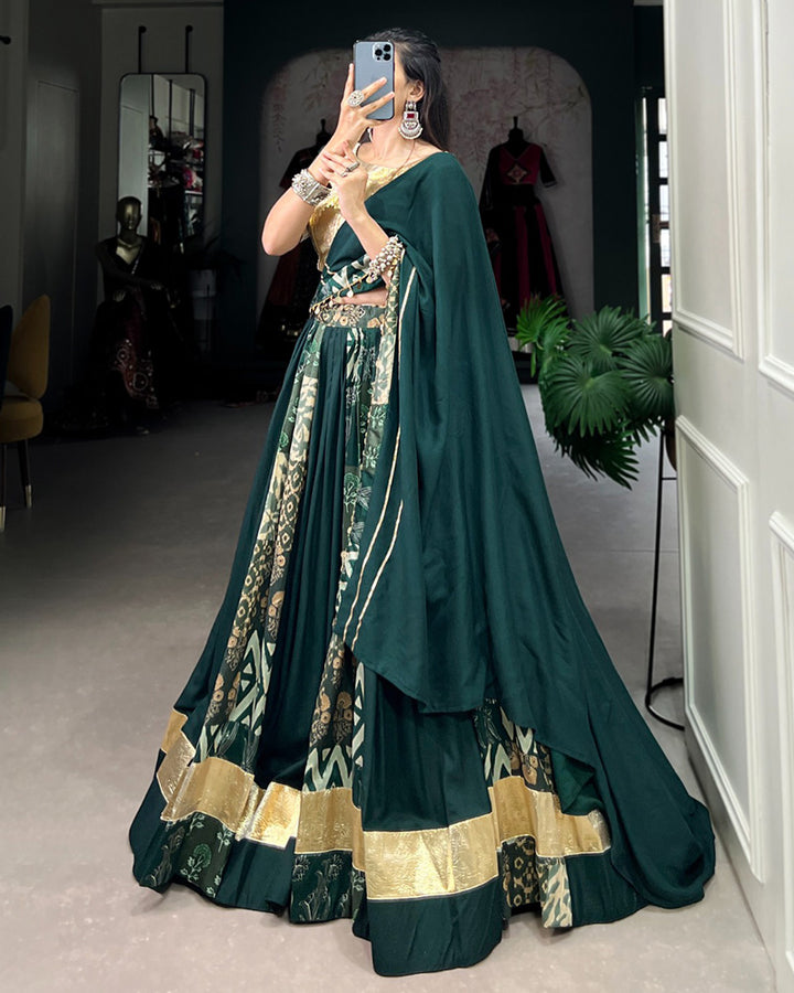 Green Color Rayon And Tussar Silk Printed Navratri Lehenga Choli