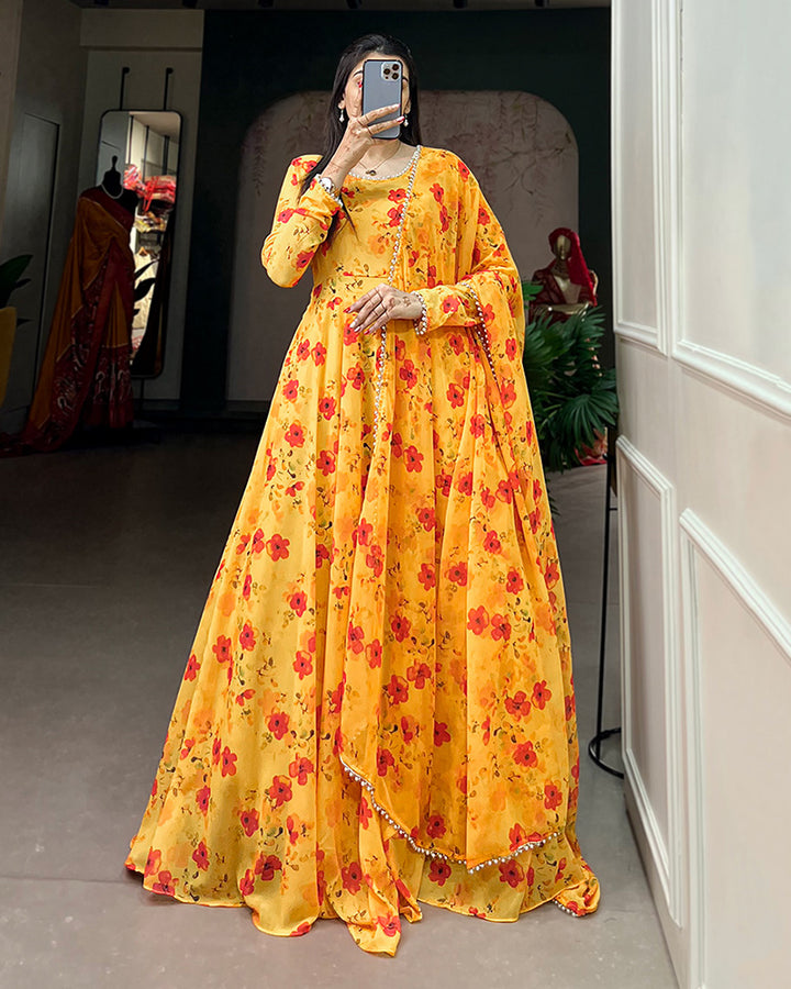 Yellow Color Designer Georgette Gown With Dupatta