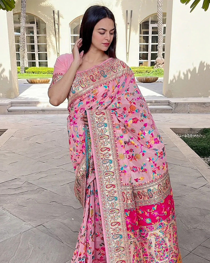 Designer Baby Pink Color Kashmiri Saree